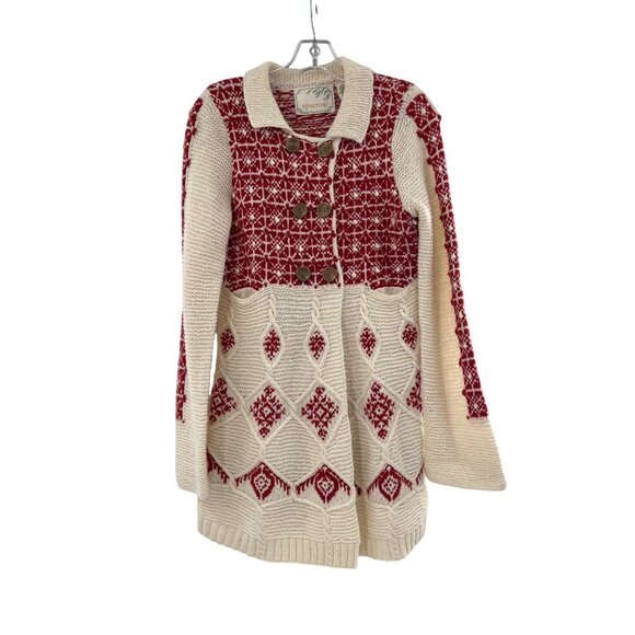 Sparrow Womens Red & Cream Knit Long Cardigan With Button Front & Diamond Patter - Picture 1 of 9